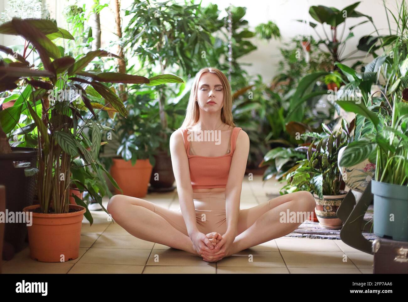 Junge gesunde Frau in Sportkleidung, die im Wohnzimmer Yoga praktiziert Mit Topfpflanzen Stockfoto