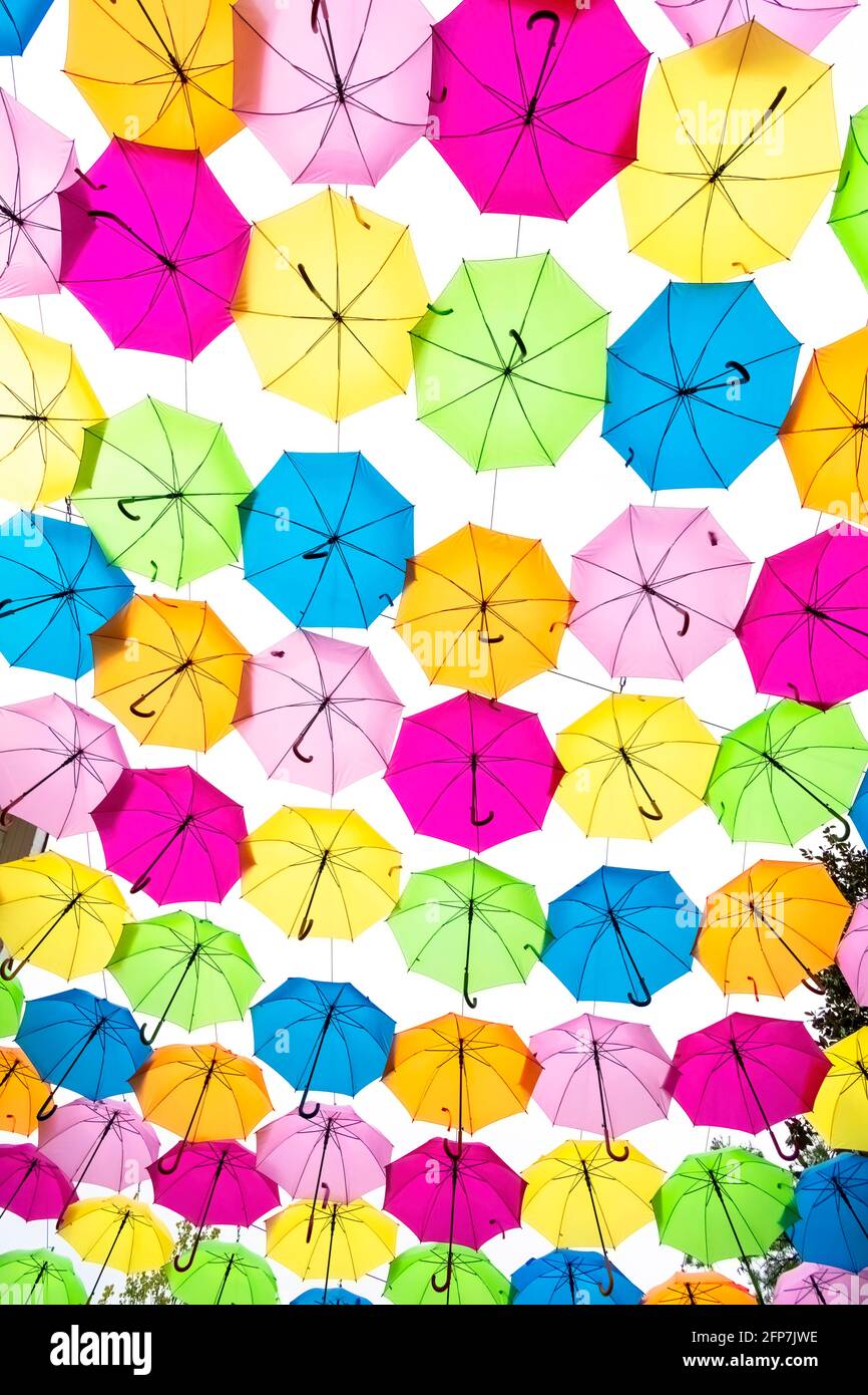 Vertikale Aufnahme über dem Kopf einer Sammlung von bunten Regenschirmen. Stockfoto