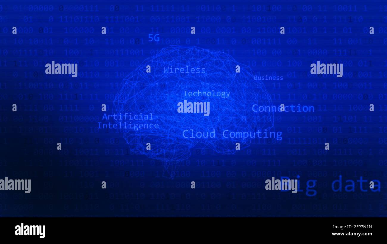 Künstliche Intelligenz, Big Data und Cloud Computing digitales Konzept mit Gehirnform. Technischer blauer Hintergrund. Stockfoto