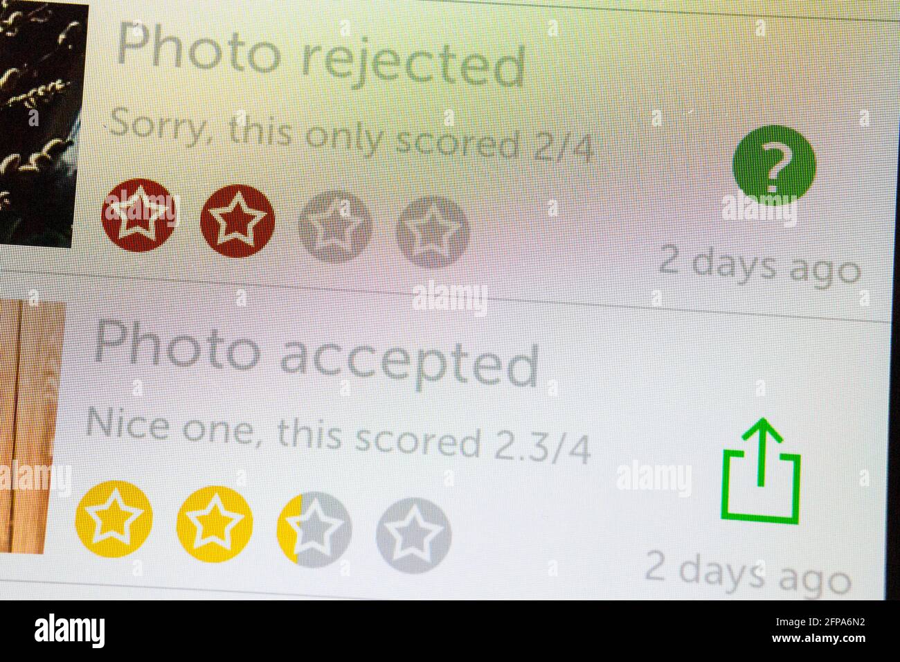 Foto abgelehnt und Foto akzeptiert Bewertungen auf Stockimo Anwendung für iPhone, Handy-Bildschirm Stockfoto
