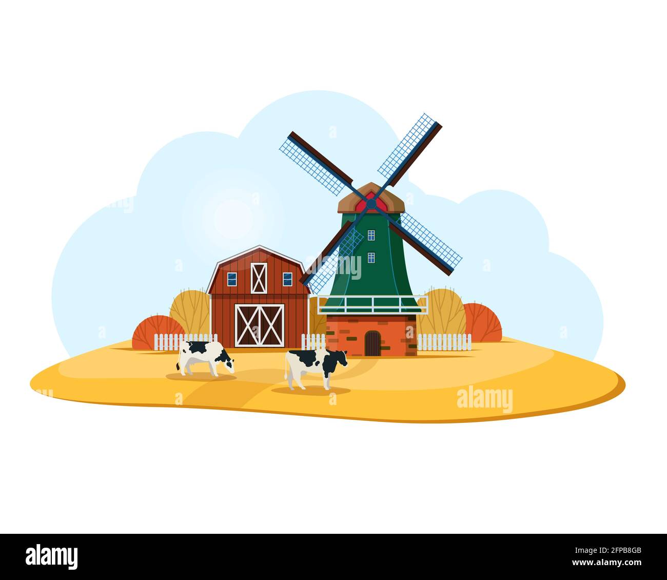 Ländliche Landschaft mit holländischer Windmühle und Farm Stock Vektor