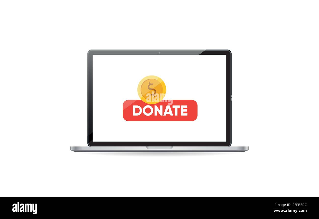 Spenden Sie online Mockup Konzept. Laptop mit Goldmünze und Knopf auf dem Bildschirm. Stock Vektor