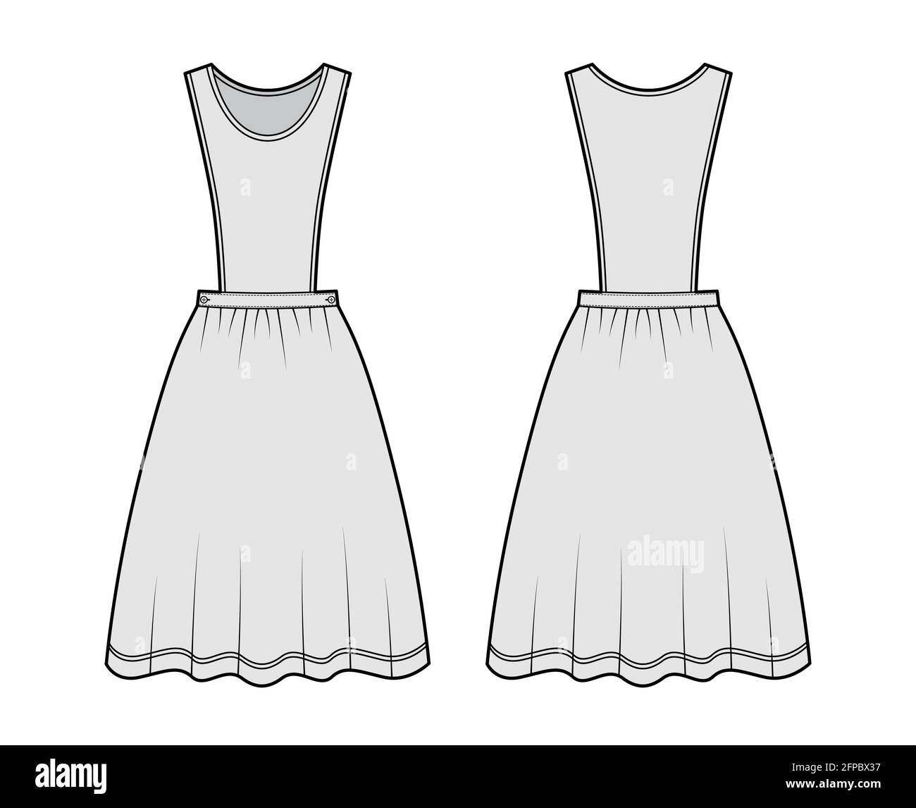 Kleid Schürze Schürze technische Mode Illustration mit ärmellosen, knielangen Rock. Flatwear vorne, hinten, grau. Frauen, Männer Unisex-CAD-Modell Stock Vektor