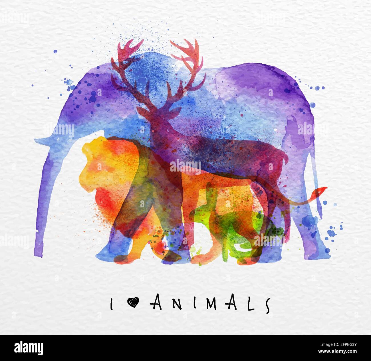 Farbe Tiere, Elefant, Hirsch, Löwe, Kaninchen, Zeichnung Aufdruck auf Aquarell Papier Hintergrund Schriftzug Ich liebe Tiere Stock Vektor