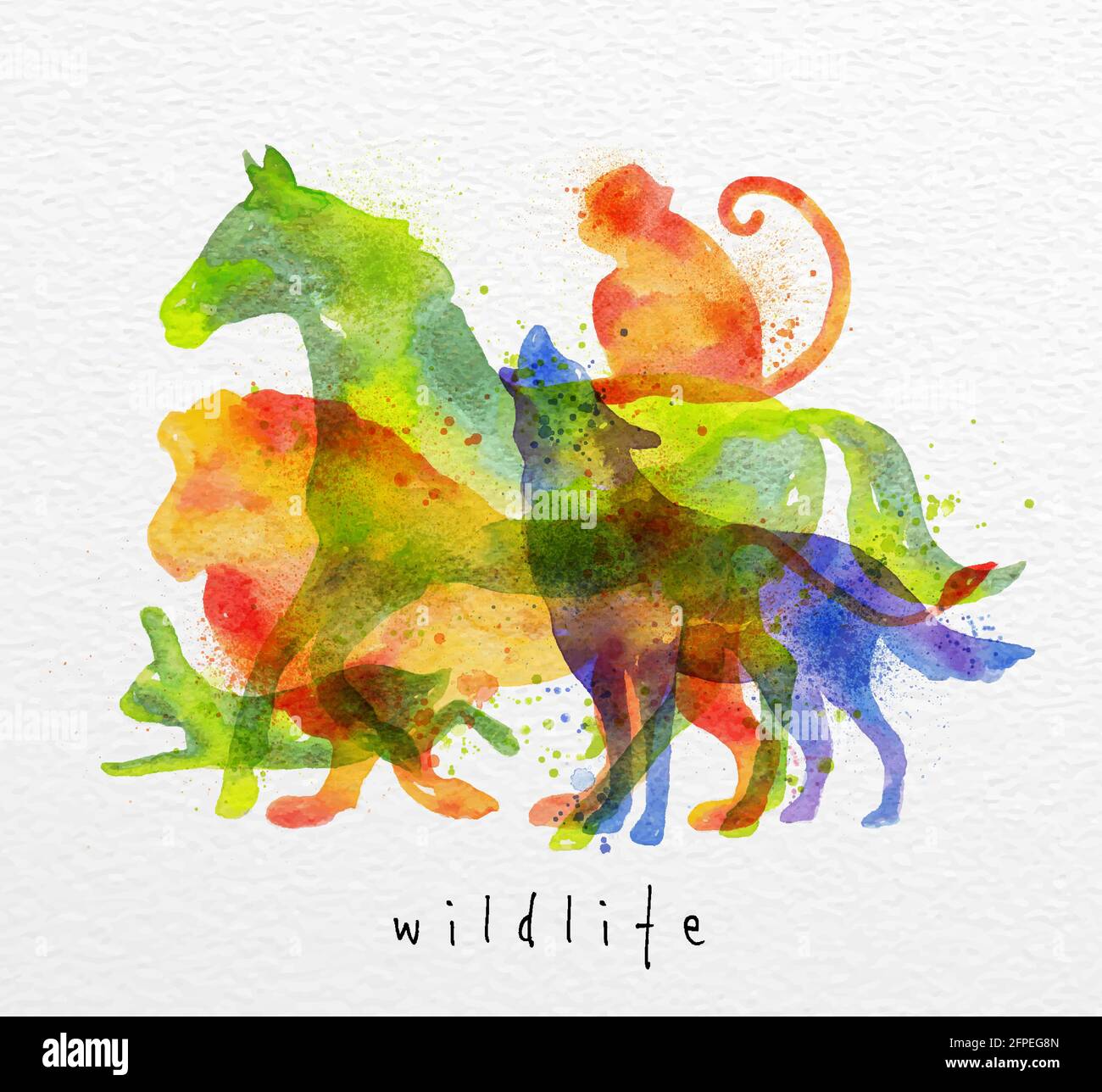 Farbe Tiere, Pferd, Wolf, Affe, Löwe, Kaninchen, Zeichnung Aufdruck auf Aquarell Papier Hintergrund Schriftzug Wildlife Stock Vektor