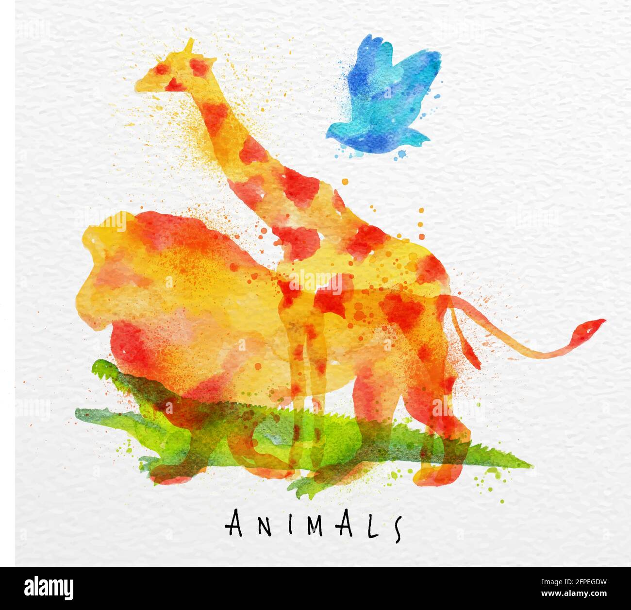 Farbe Tiere, Vogel, Giraffe, Löwe, Krokodil, Zeichnung Aufdruck auf Aquarell Papier Hintergrund Schriftzug Tiere Stock Vektor