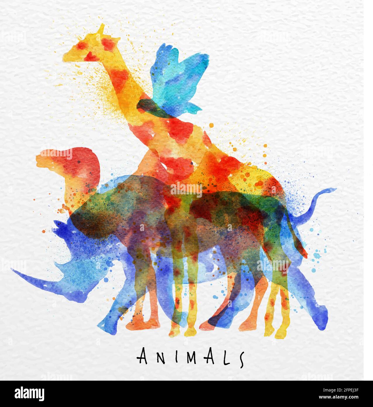 Farbe Tiere, Vogel, Nashorn, Giraffe, Kamel, Zeichnung Aufdruck auf Aquarell Papier Hintergrund Schriftzug Tiere Stock Vektor