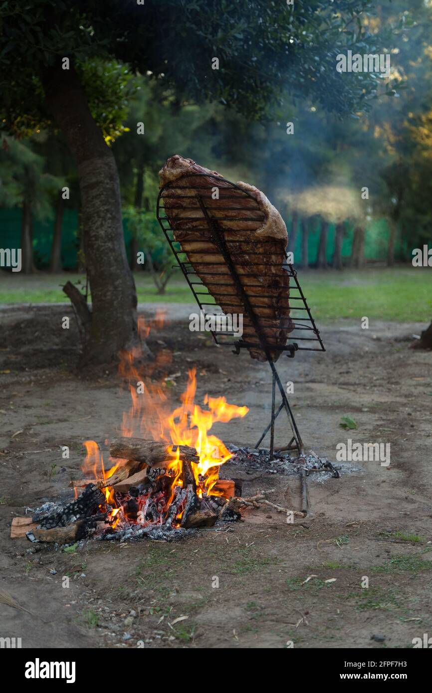 Fleisch auf dem Spieß oder Asado auf dem Scheiterhaufen. Bbq. Auf den Kohlen grillen. Traditionelles argentinisches Barbecue. Stockfoto