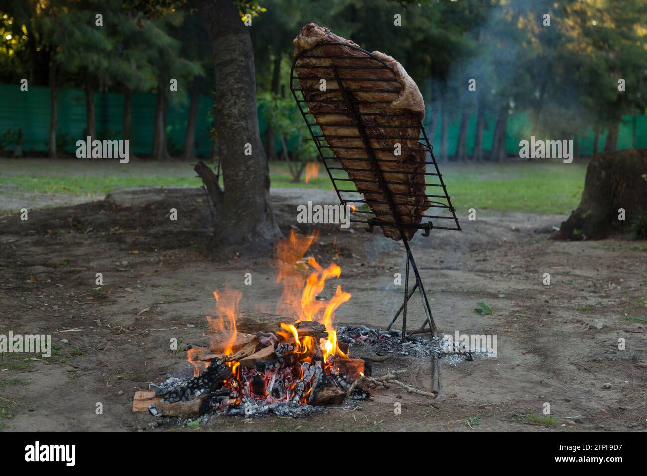 Fleisch auf dem Spieß oder Asado auf dem Scheiterhaufen. Bbq. Auf den Kohlen grillen. Traditionelles argentinisches Barbecue. Stockfoto