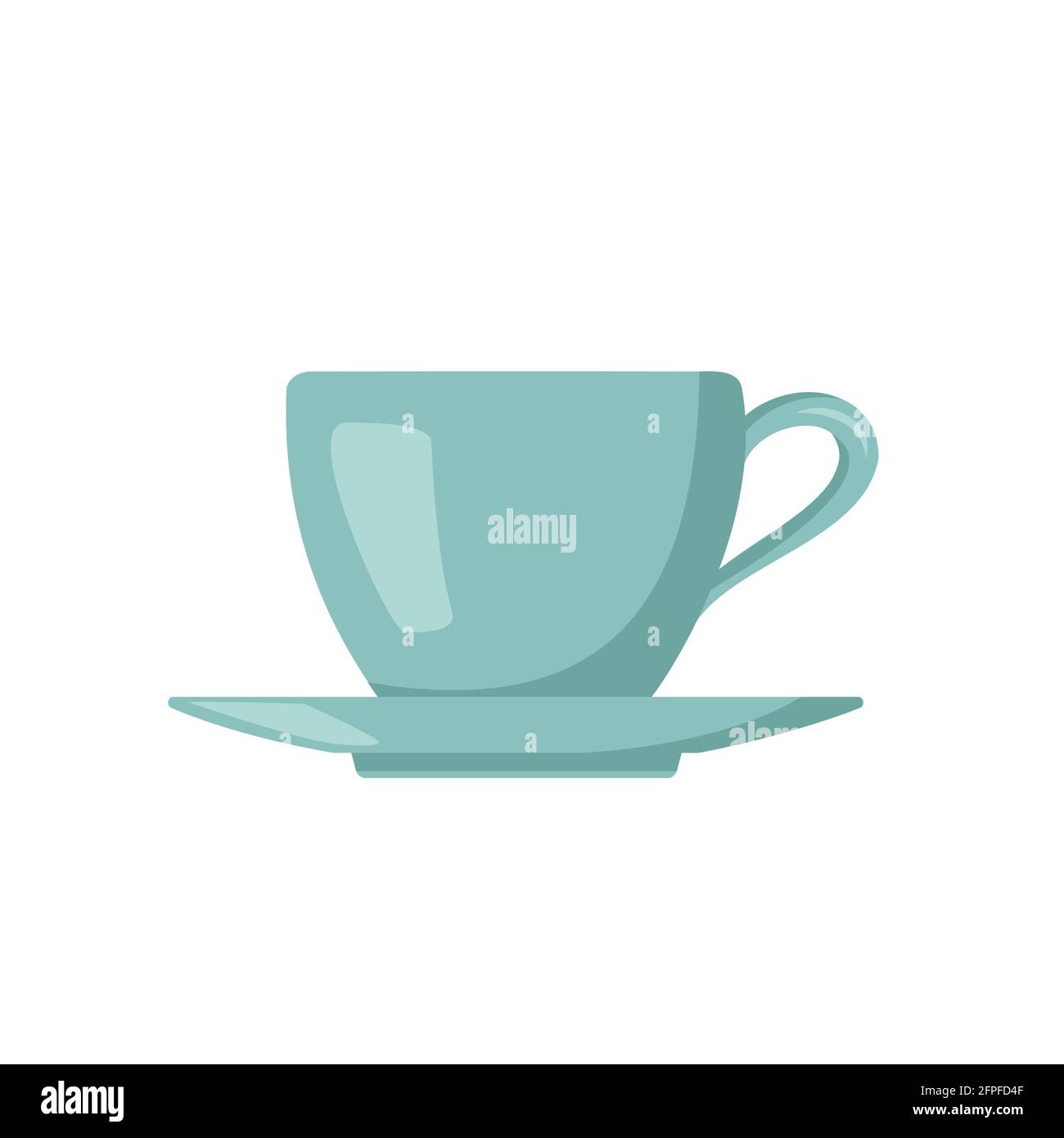 Symbol für Tasse und Untertasse. Küchenutensilien, Tee- oder Kaffeeartikel. Blauer Becher. Stock Vektor