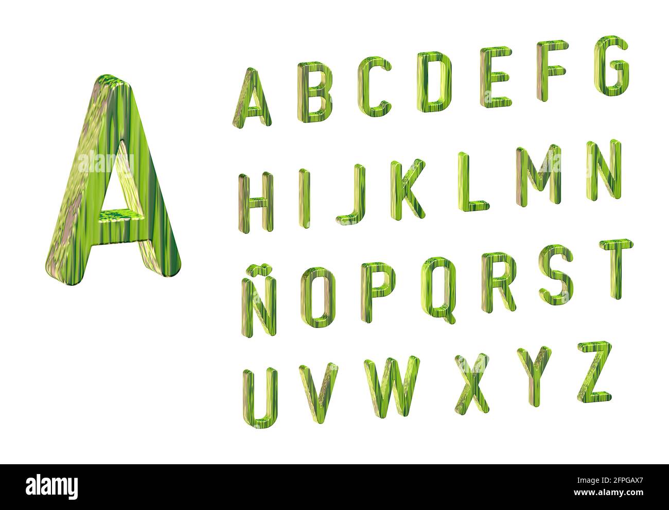 3d-Illustration des hölzernen Alphabets. Buchstaben von A bis Z in Großbuchstaben. Grüne Farbe. Stockfoto