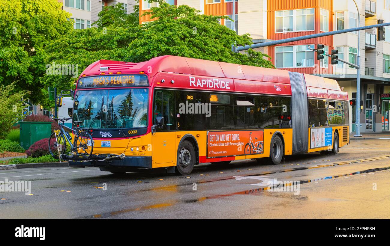 Redmond, WA, USA - 19. Mai 2021; EINE King County Metro artikulierte Rapid Ride-Bus in der Innenstadt von Redmond Washington im Regen, der auf nassen Straßen unterwegs war Stockfoto