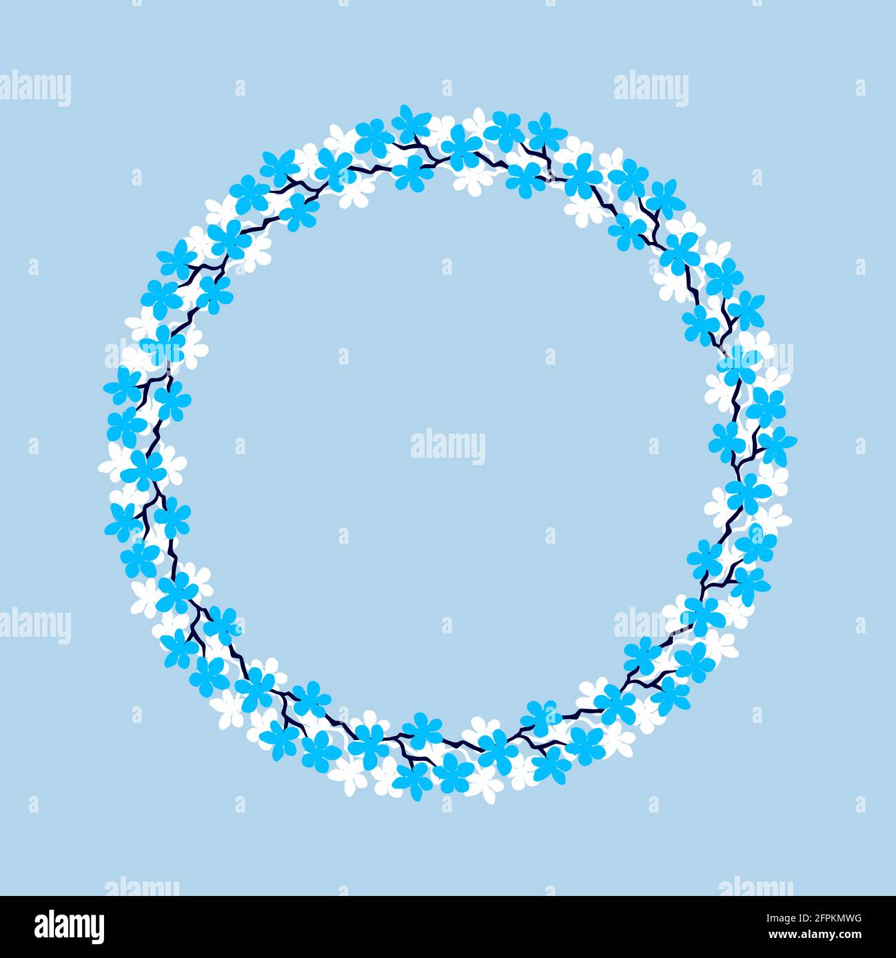 Farbenfrohe Blumenkränze. Zarter Kranz aus Sakura-Zweigen. Blumen blühen von Hand gezeichnet, Kreis Rahmen aus Cyan und weißen Farben Blumen. Auslegung für Inv Stockfoto