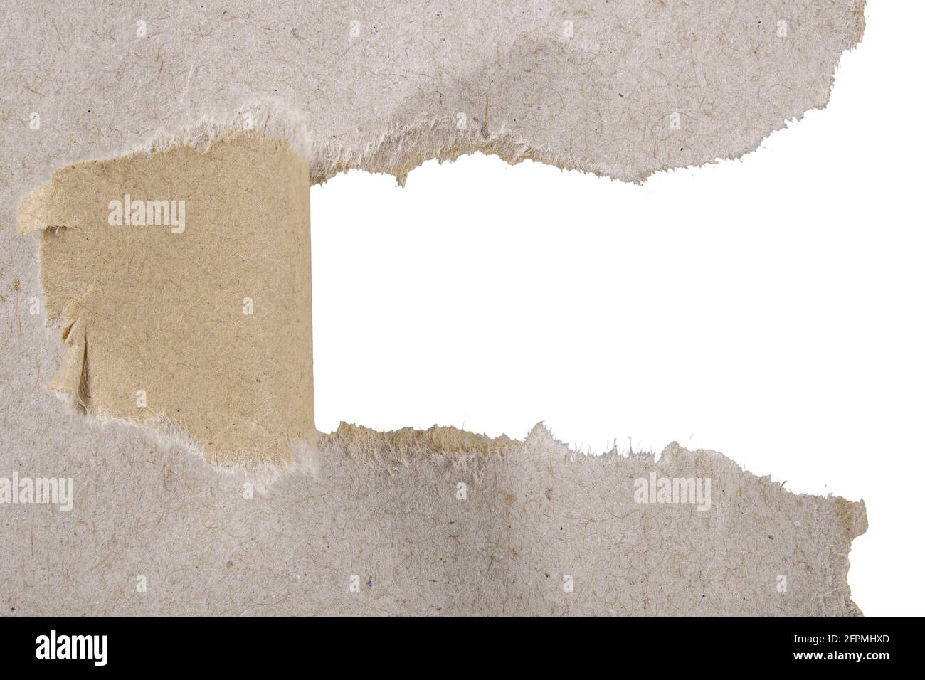 Der zerrissene Teil des Papiers aus einem glatten grauen Blatt. Ein Stück Papier abgerissen. Isolierter Hintergrund. Stockfoto