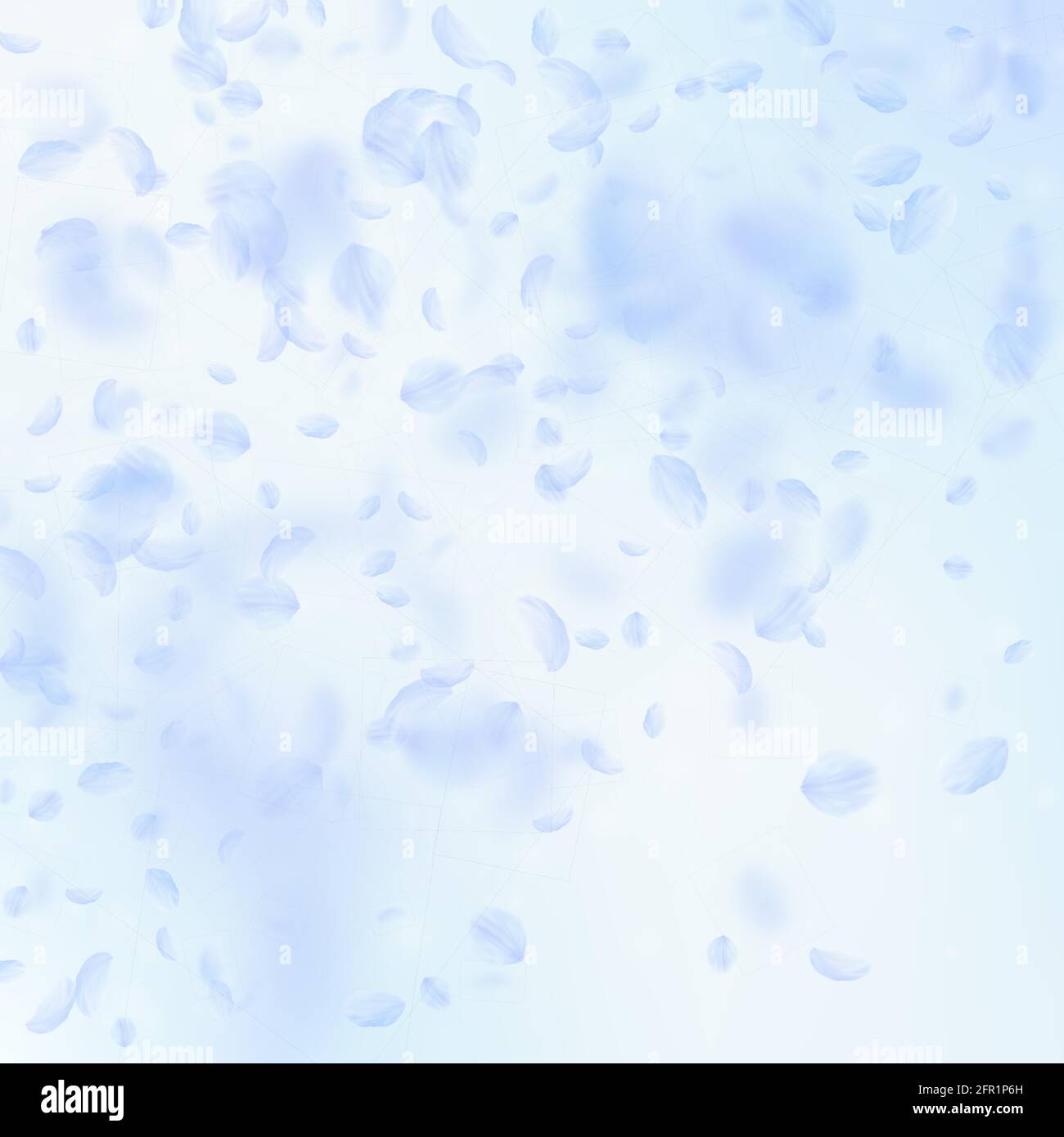 Hellblaue Blütenblätter fallen herunter. Würdiger romantischer Blumenverlauf. Fliegendes Blütenblatt auf blauem Himmel quadratischem Hintergrund. Liebe, Romantik Konzept. Edle Verwrachte Stock Vektor