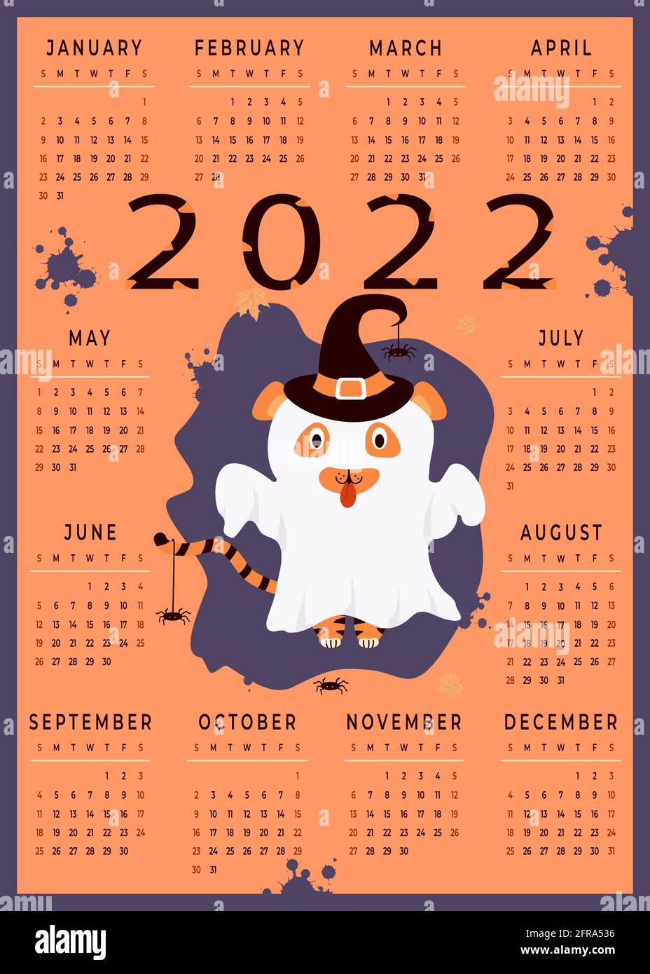 Kalender für 2022 mit Tiertiger. Der Charakter ist ein Halloween-Geist mit  Hexenhut und Spinnen. Tiger Symbol des neuen Jahres 2022. Vektor  Stock-Vektorgrafik - Alamy