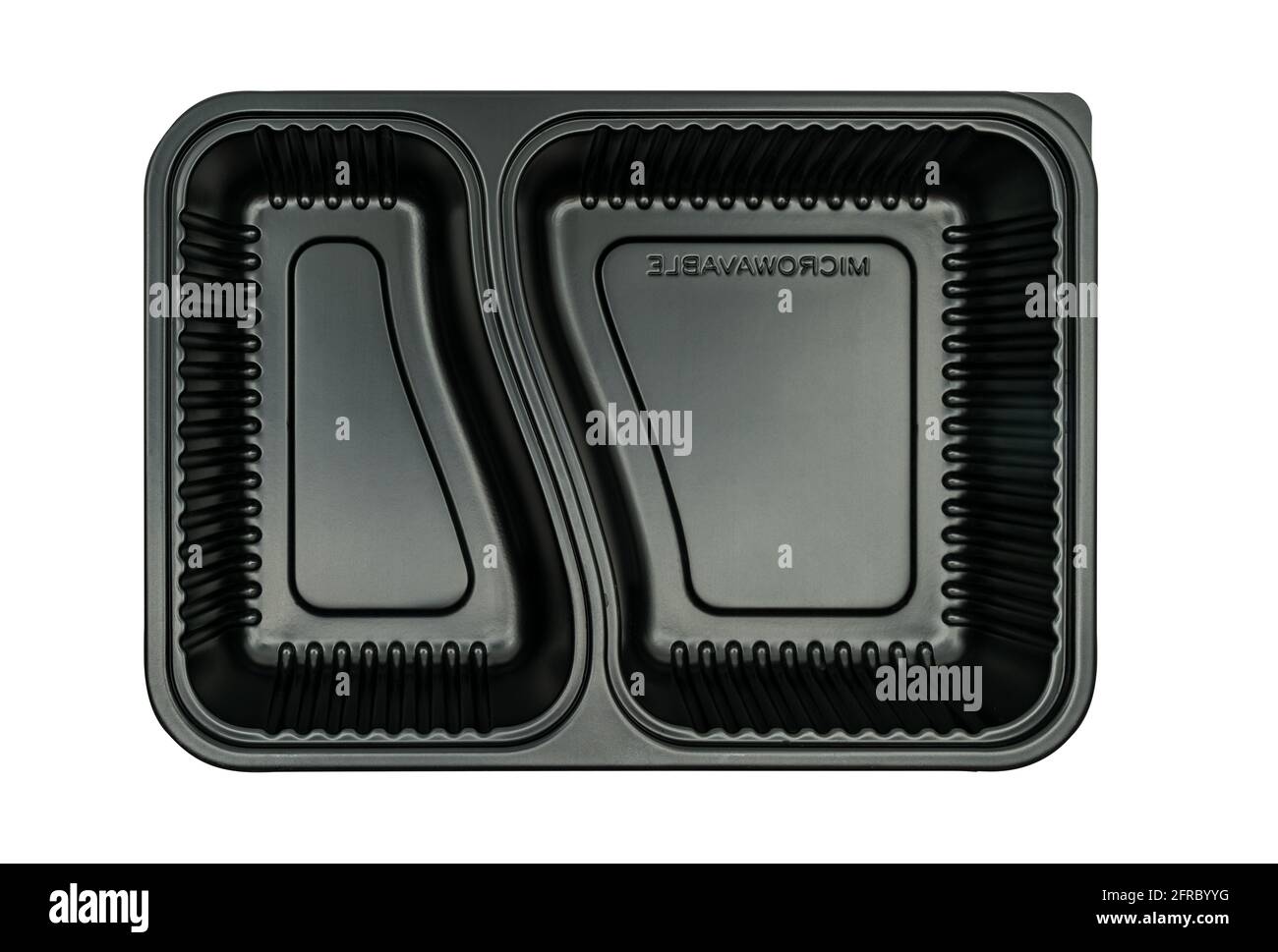 Draufsicht Lebensmittelkarton mit zwei Platten, isolierte, hochwertige, mikrowellengeeignete leere Lebensmittelbox auf weißem Hintergrund. Schwarzer Lebensmittelbehälter Stockfoto