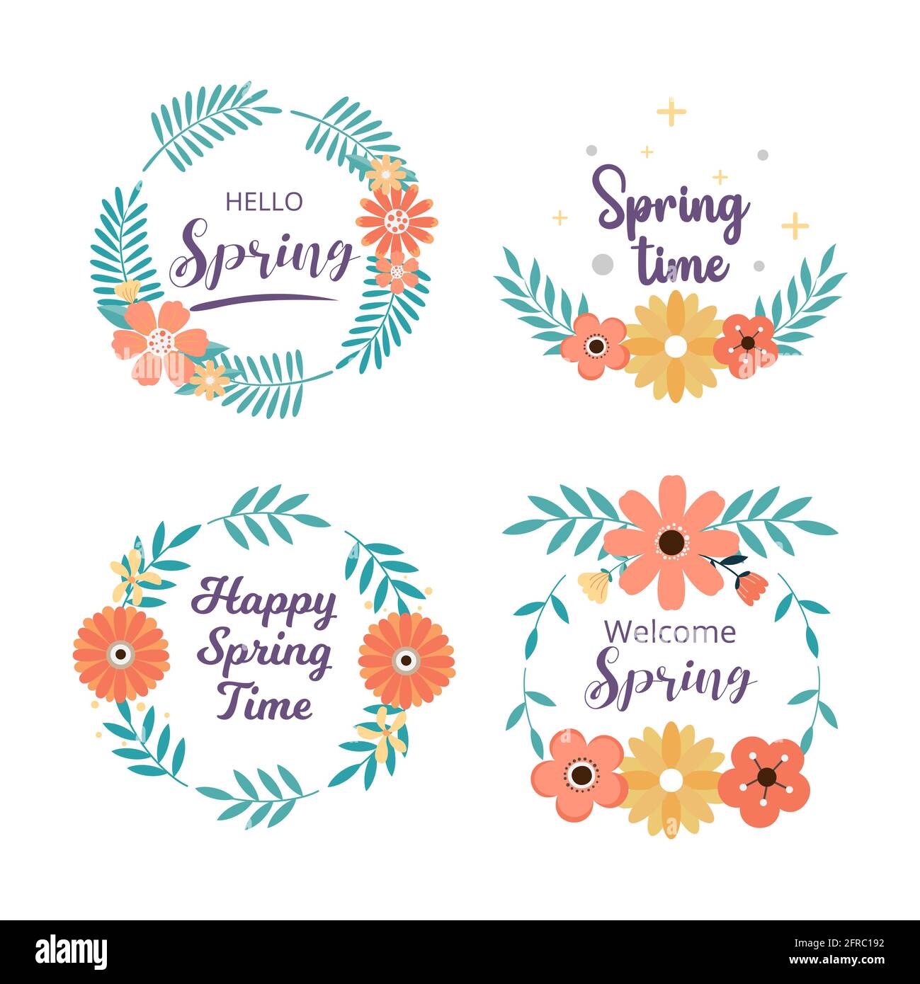 Frühlingsabzeichen und Labelkollektion. Hallo Frühling. Grußkarte. Vektorgrafik. Von Hand gezeichnet. Flaches Design. Stockfoto