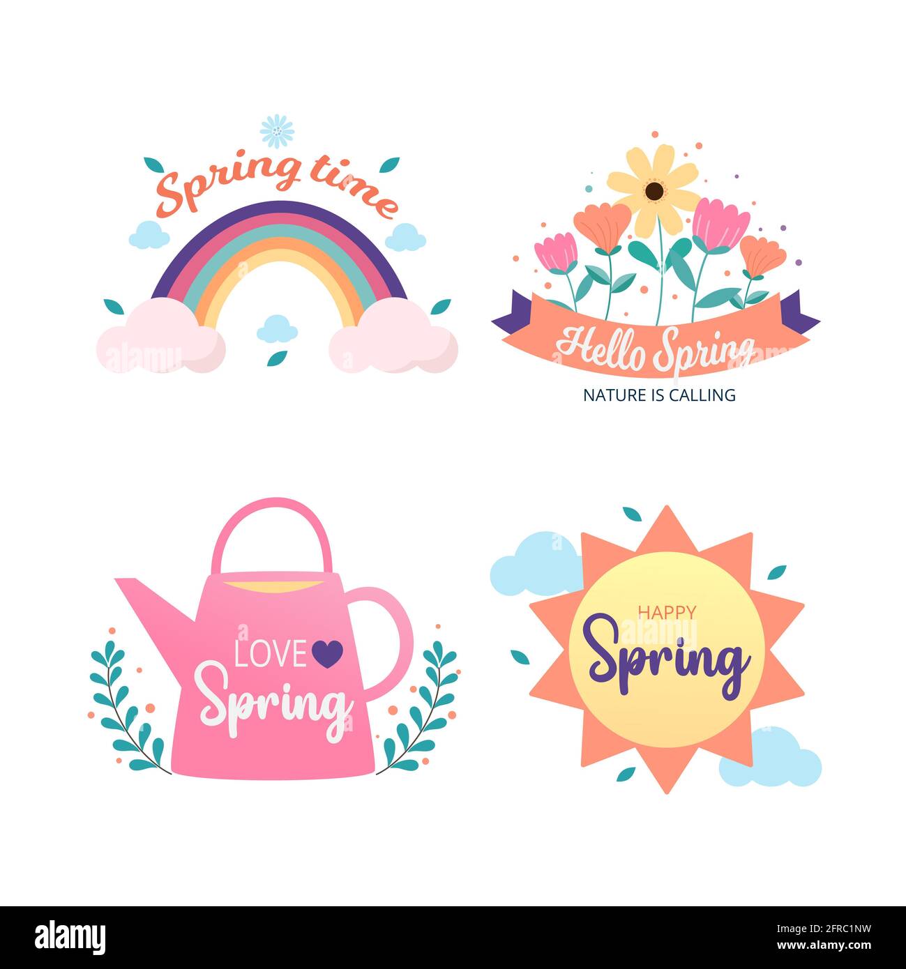 Frühlingsabzeichen und Labelkollektion. Federdesign. Hallo Frühling. Von Hand gezeichnet. Vektorgrafik. Stockfoto