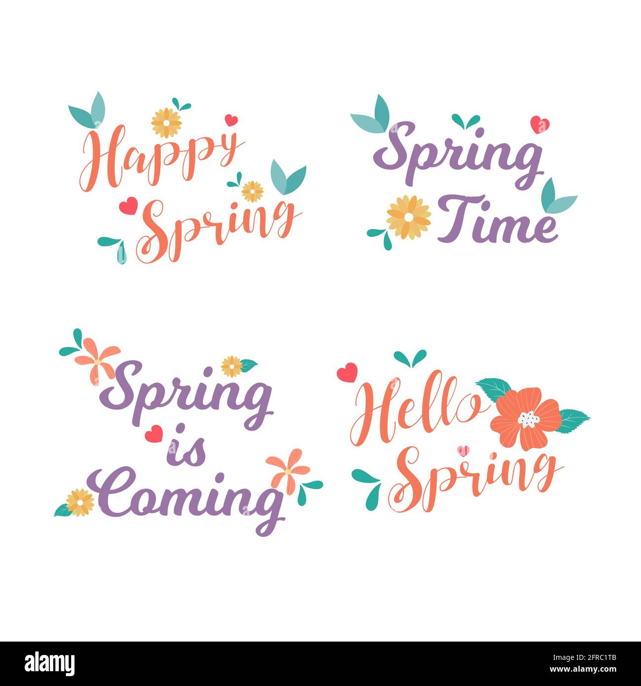 „Happy Spring“-Abzeichen und -Label-Kollektion. Hallo Frühling. Grußkarte. Von Hand gezeichnet. Vektorgrafik. Flaches Design. Stockfoto