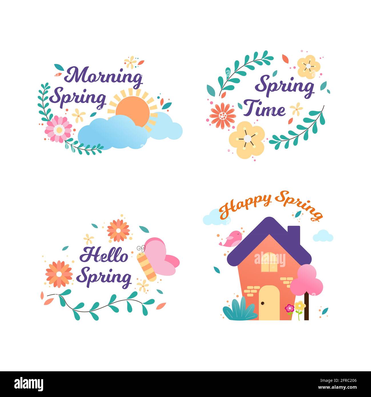 „Happy Spring“-Abzeichen und -Label-Kollektion. Hallo Frühling. Von Hand gezeichnet. Vektorgrafik. Federdesign. Stockfoto
