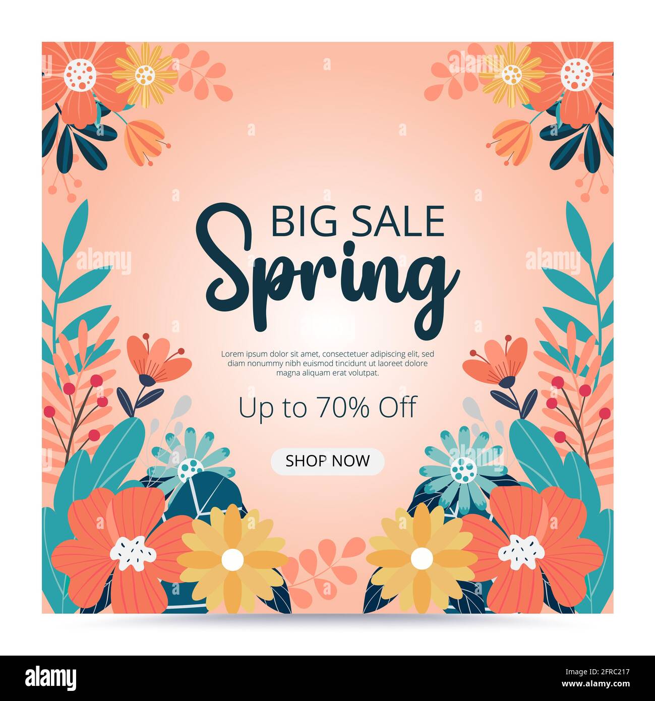 Großer Verkauf Frühling Vorlage und Hintergrund. Frühlingsangebot. Vektorgrafik. Handwal. Frühlingsbanner mit Blumen. Stockfoto