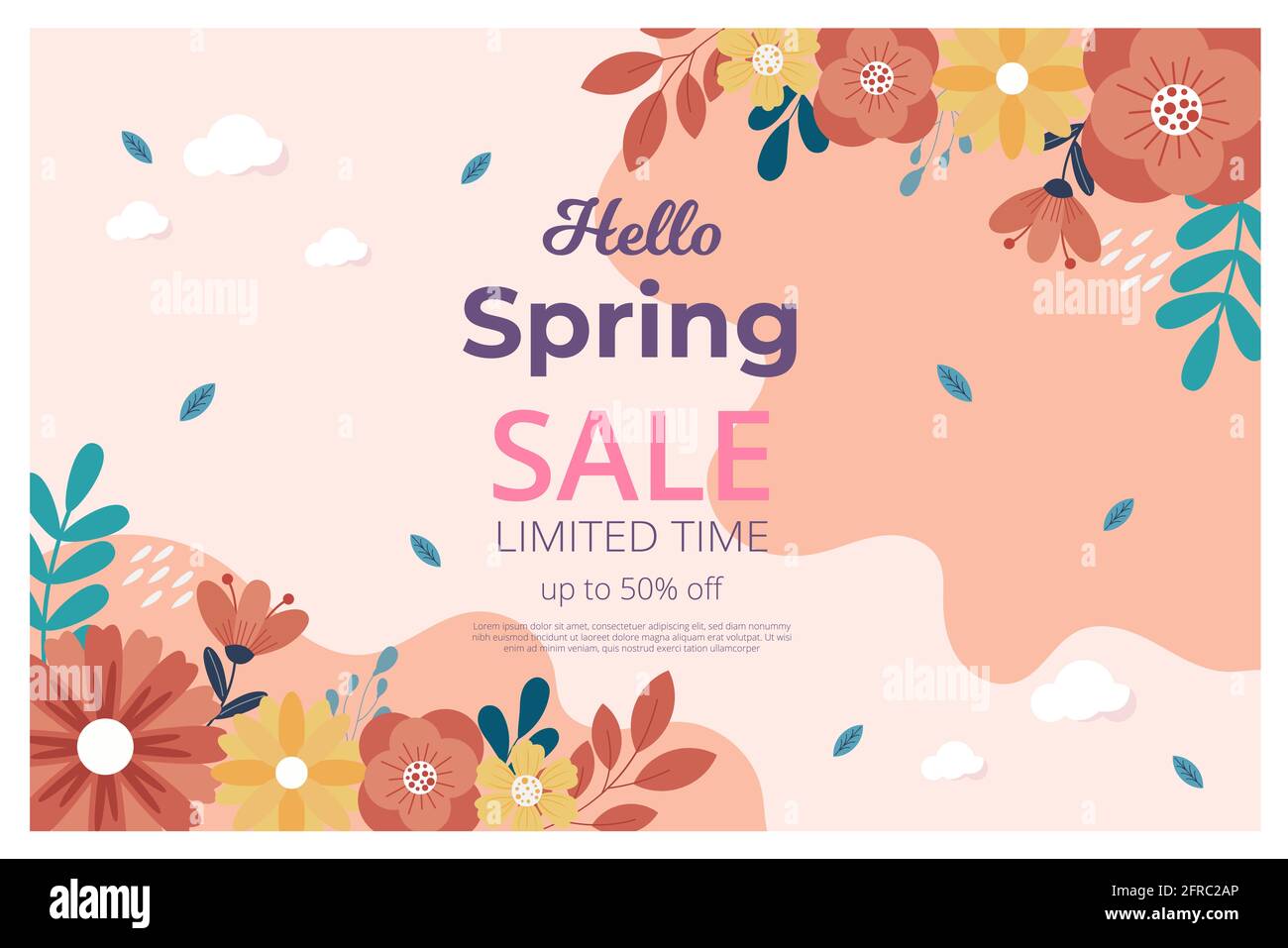 Hallo Frühling Sale Banner mit Blütenblüte. Werbebanner. Vektorgrafik. Von Hand gezeichnet. Stockfoto