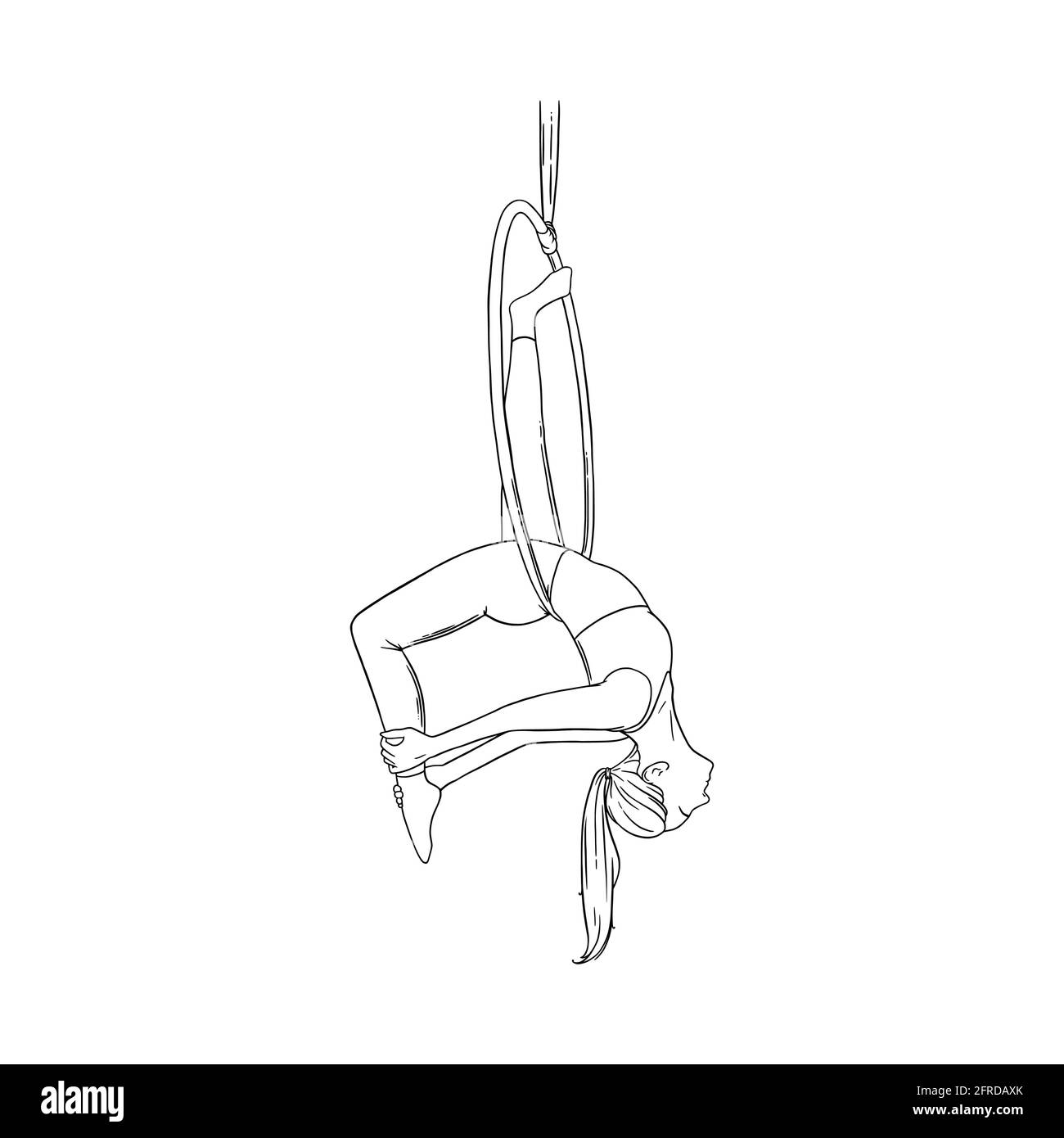 Flexible Mädchen acrobat in der Antenne Ring. Mädchen, die Stunts im Luftreifen durchführen. Gravierte Vektorgrafik Stock Vektor