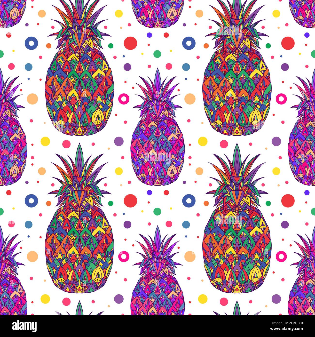 Nahtloses Sommer Pop Art Muster Mit Bunten Ananas Mit Tribal Muster Und Punkten Auf Weissem Hintergrund Tapete Mit Saftigen Fruchten Vektorstruktur Stock Vektorgrafik Alamy