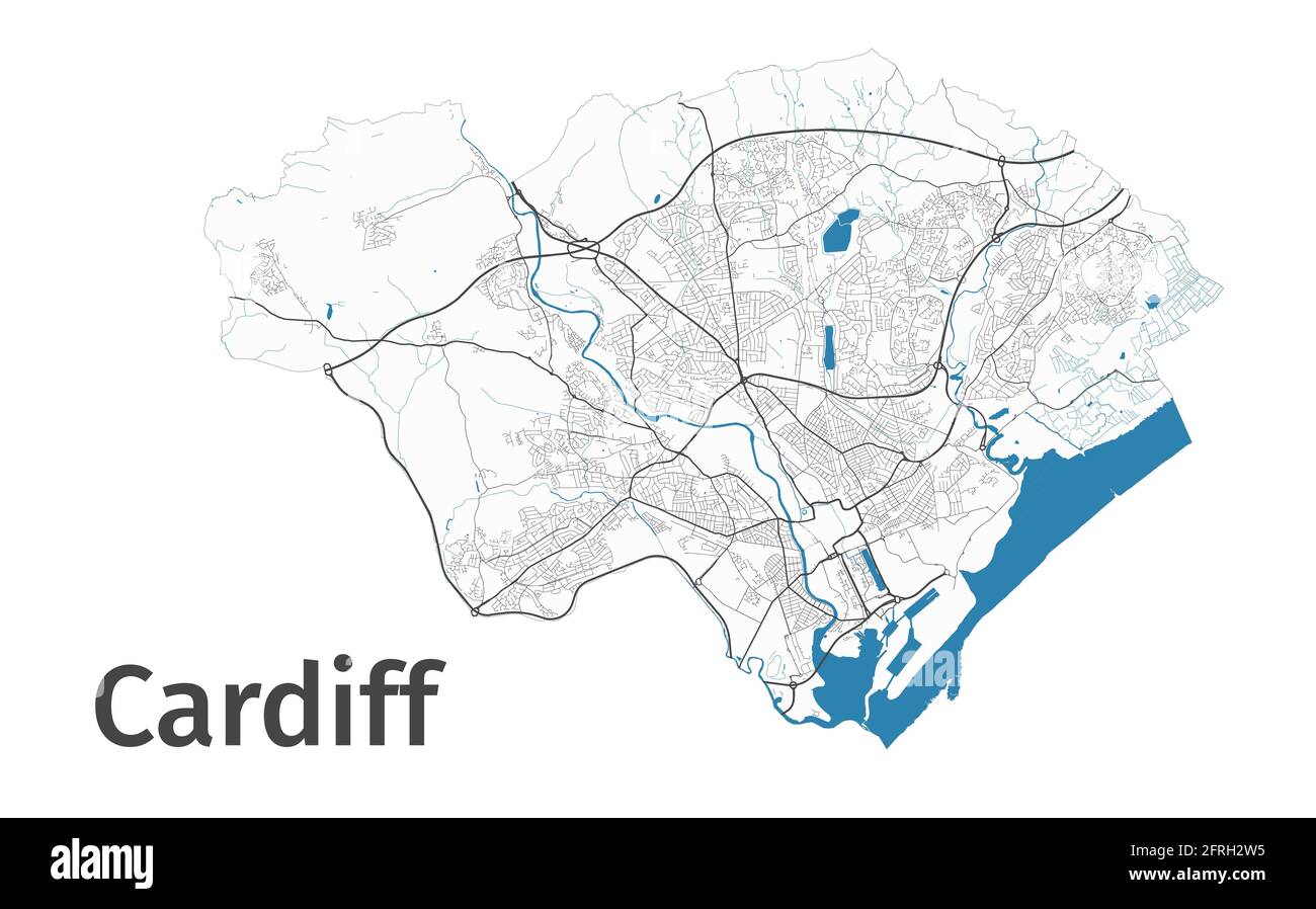 Cardiff-Karte. Detaillierte Karte des Verwaltungsgebiets der Stadt Cardiff. Stadtbild-Panorama. Lizenzfreie Vektorgrafik. Übersichtskarte mit Autobahnen, Straße Stock Vektor