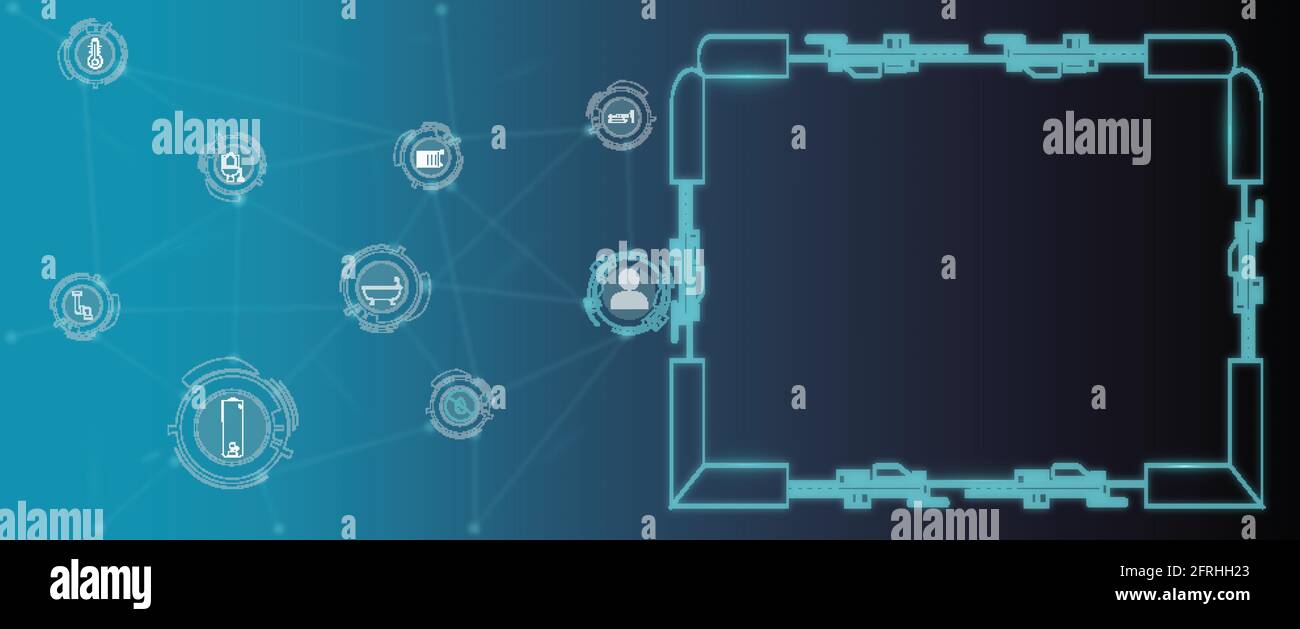 Klempner Service flach Icons Sammlung, enthält Sanitär-Reparatur-Ausrüstung Illustration mit verbundenen Punkten und Linien auf blauem Design. Copy space. Stock Vektor