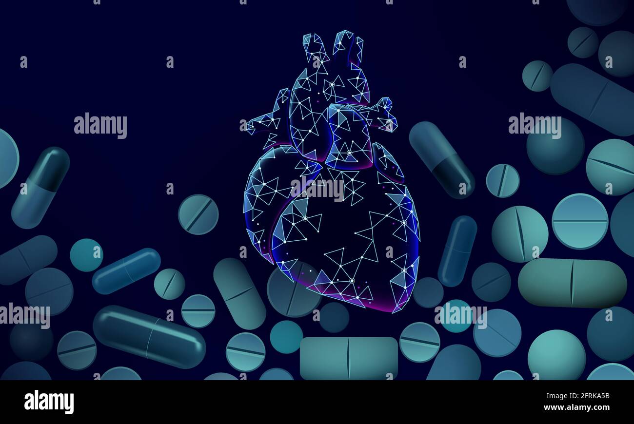 3D-Medizin Herz Medizin Behandlung. Menschliche Gesundheit Diagnose vaskulärer Organsystem Pille Vitamine. Kardiologie Herz Konzept schützen. Low-poly-Vektor Stock Vektor