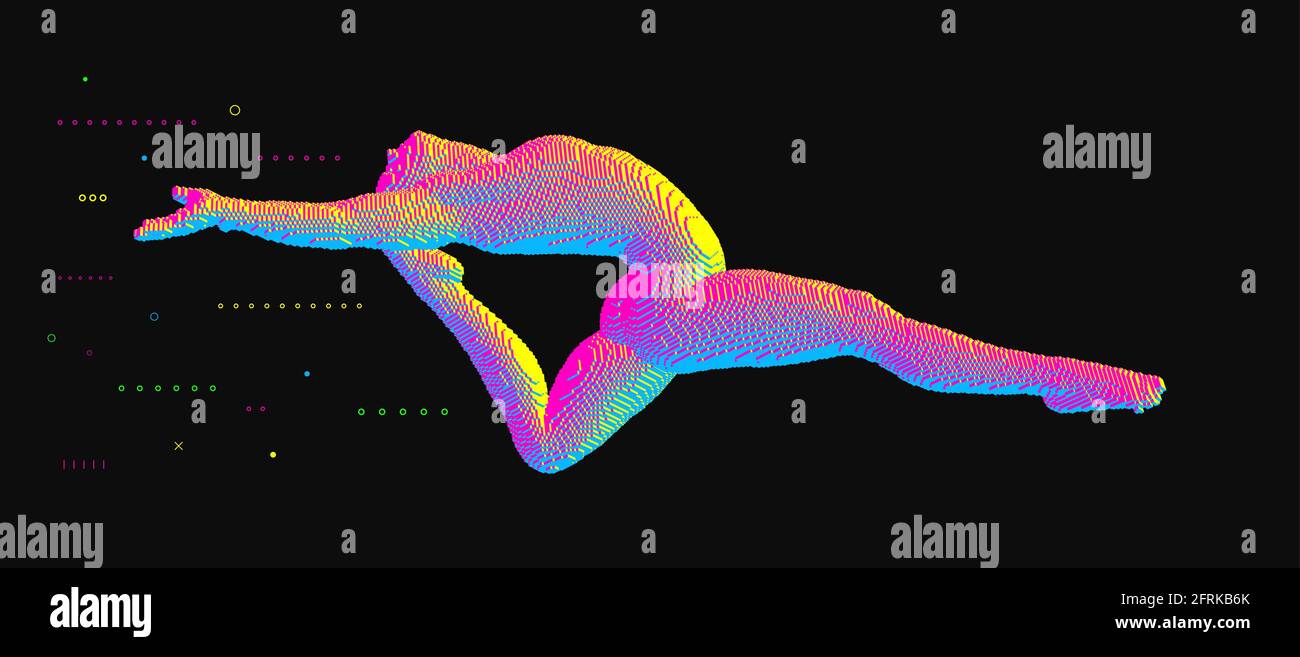 Turner, der ein Element der rhythmischen Gymnastik ausführt, springt oder einen Sprung in die Luft macht. Voxel Art. 3D-Vektor-Illustration für Icon Gesundheit und fitne Stock Vektor
