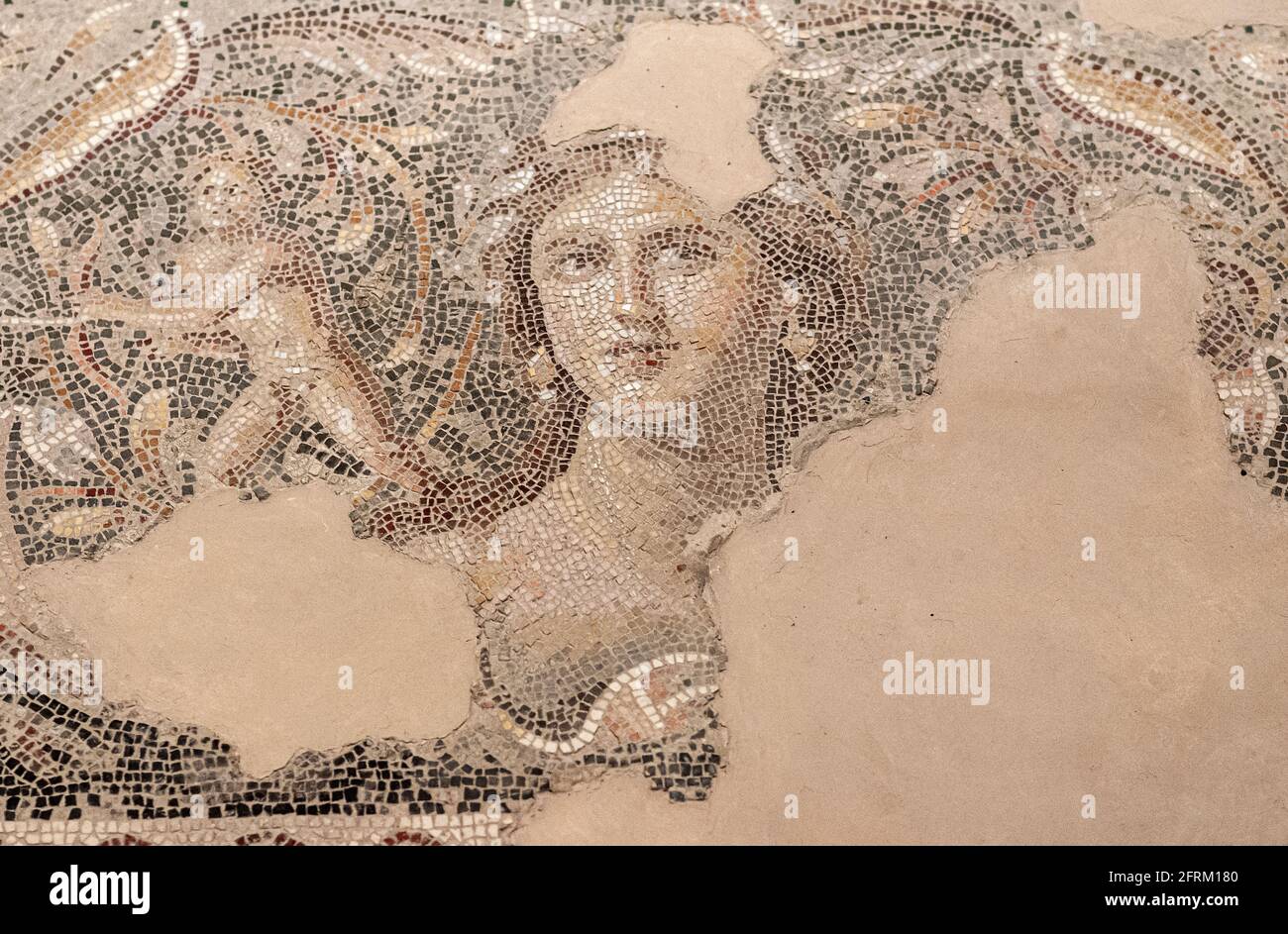 Details der Mona Lisa aus Galilee Porträt eine Szene aus der Hochzeit von Dionysos und Ariadne AKA Dionysos Mosaic, auf dem Boden der römischen Villa Stockfoto