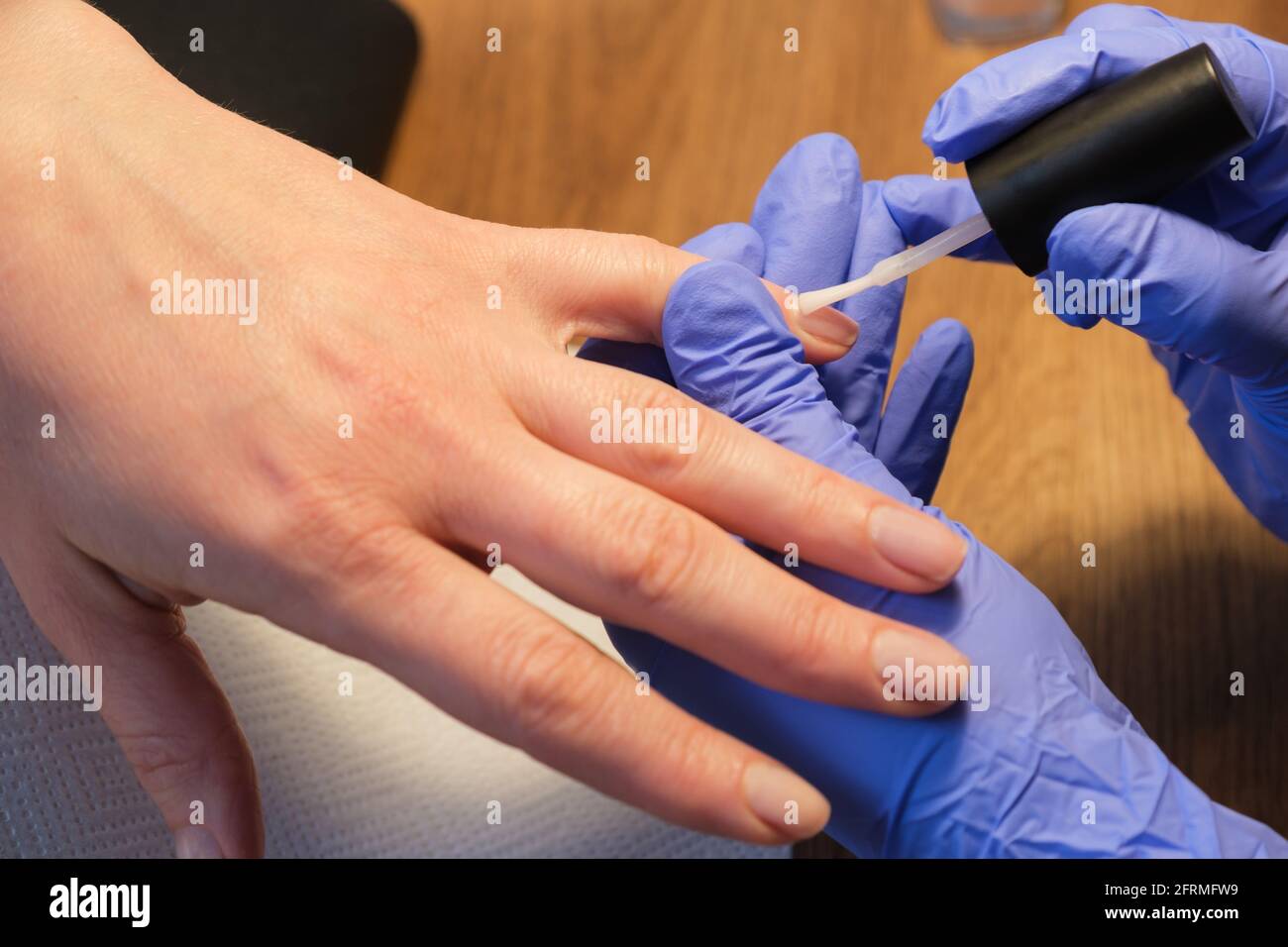 Hände eines Manikuristen in schützenden medizinischen Handschuhen beim Auftragen des Nagellacks. Prävention und Schutz vor Viren und Bakterien während des Eingriffs Stockfoto