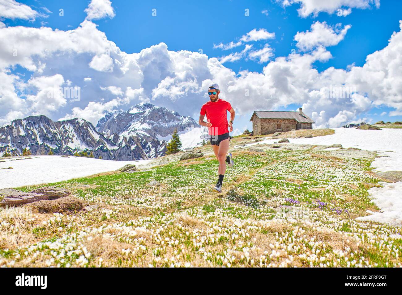 Marathon Schaufensterläufer trainiert in den Bergen in der Höhe Stockfoto