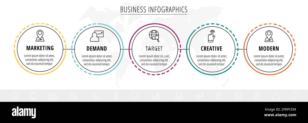 Vektor-Infografiken fünf Kreise mit Pfeilen. Liniengeschäftskonzept mit 5 Schritten, Optionen. Infografik-Vorlage für Diagramm, Web, Banner, Präsentationen Stock Vektor