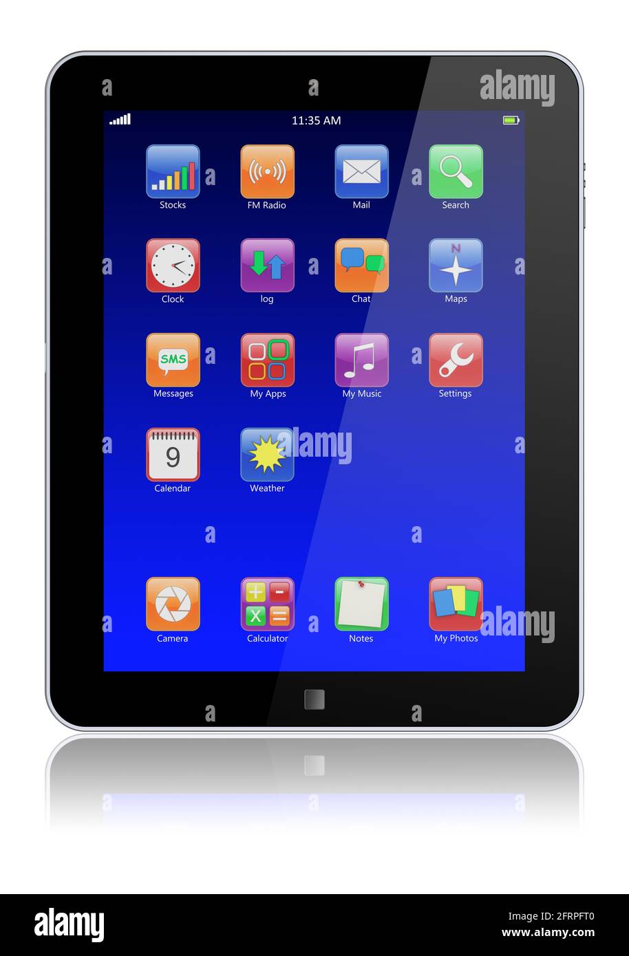 Abstrakter Tablet-PC mit blauem Touchscreen und farbenfrohen Apps. 3d-Bild Stockfoto