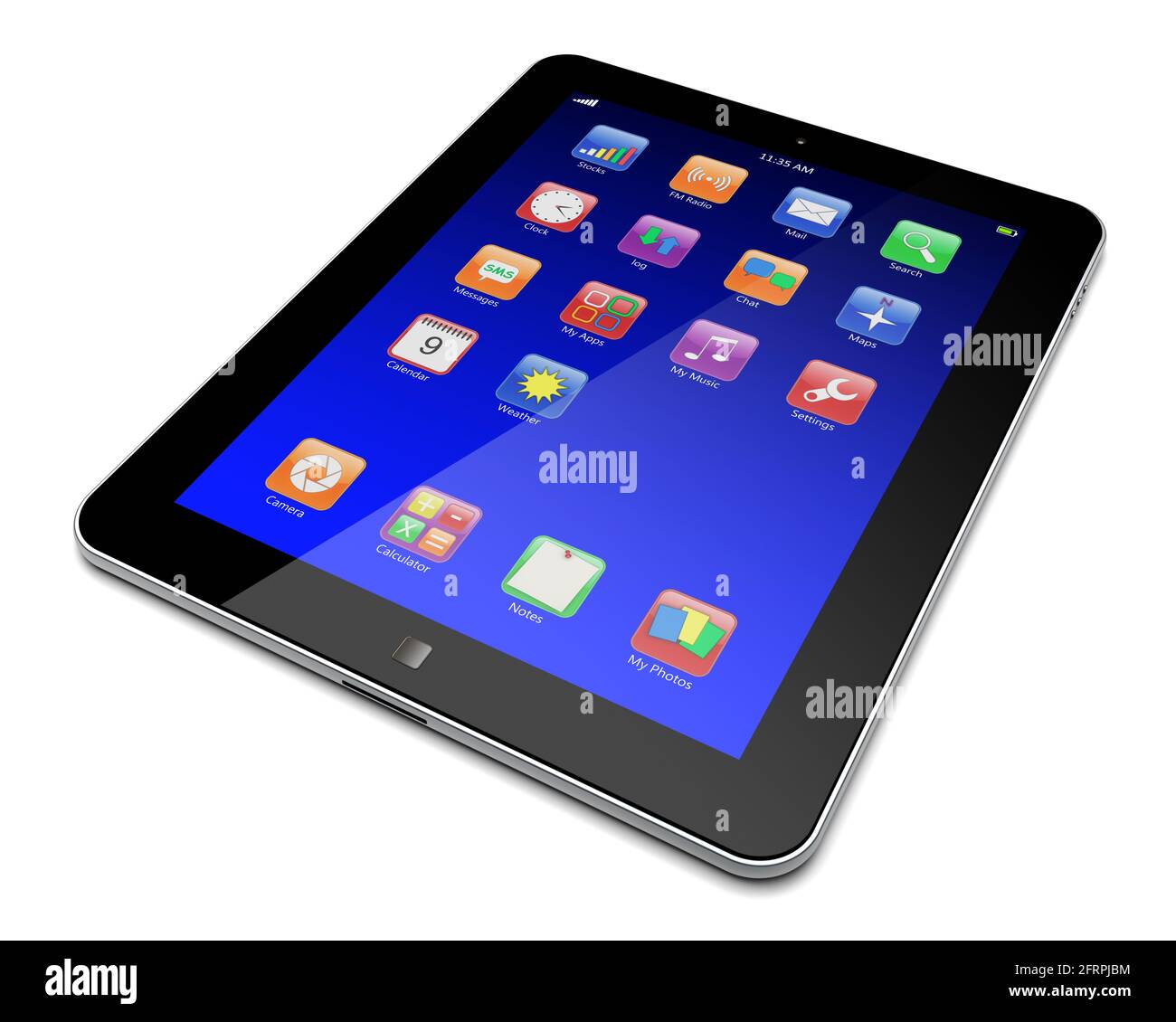 Abstrakter Tablet-PC mit blauem Touchscreen und farbenfrohen Apps. 3d-Bild Stockfoto