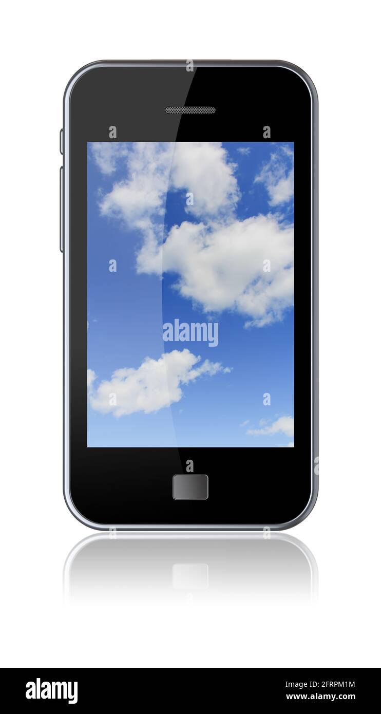 Smartphone mit einem bewölkten Himmel auf dem Bildschirm. 3d-Bild Stockfoto