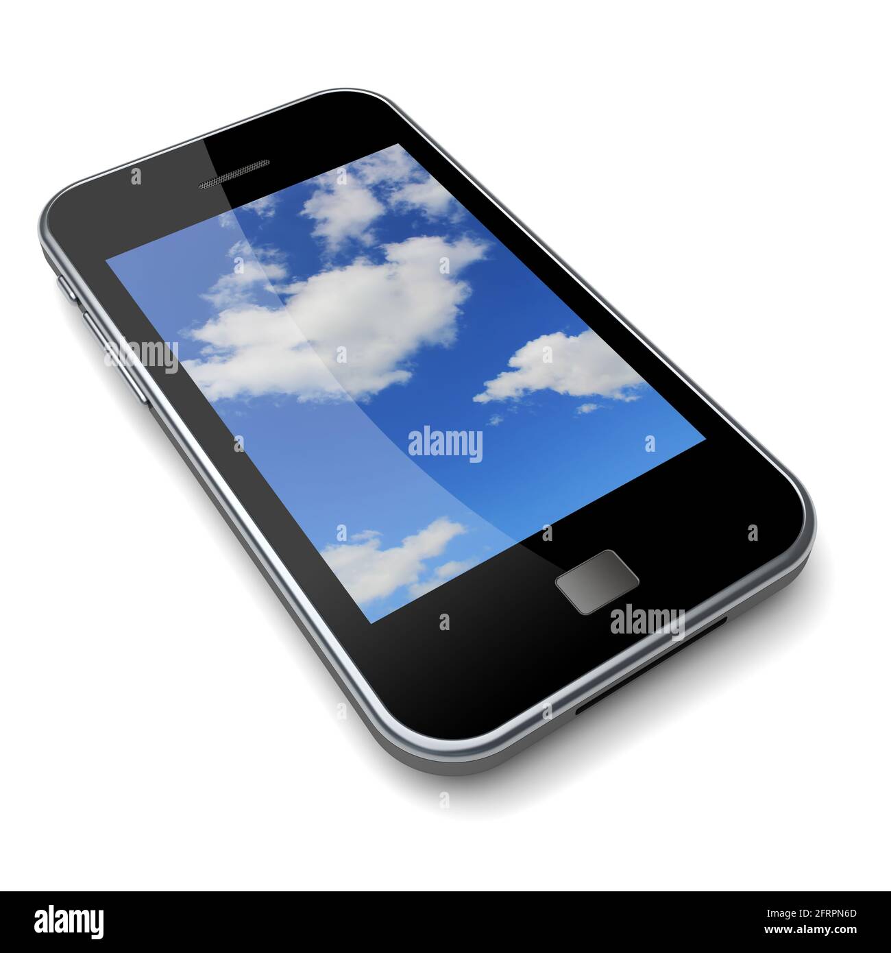 Handy mit bewölktem Himmel auf dem Bildschirm. 3D Bild Stockfoto