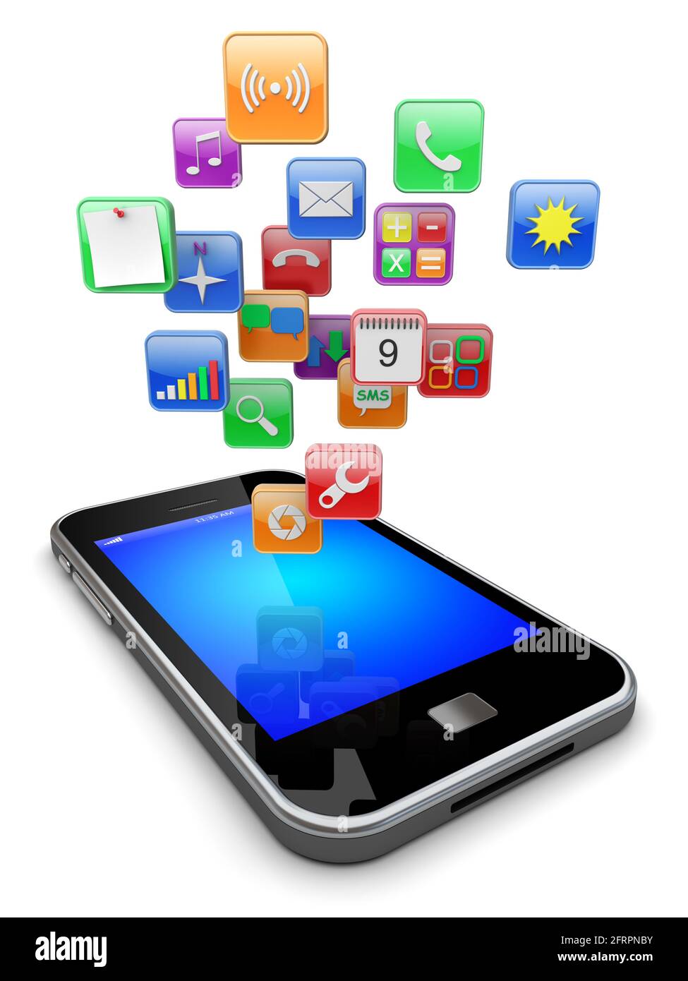 Handy-Smartphone mit Software-Apps-Symbole. 3D Bild Stockfoto