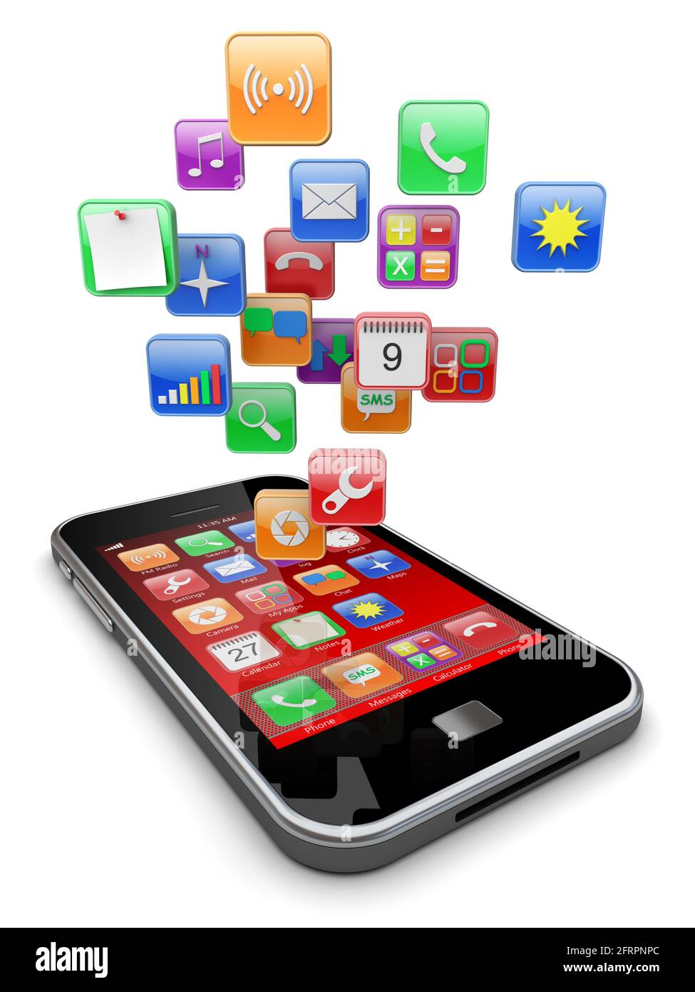 Handy-Smartphone mit rotem Touchscreen und Software-Apps-Symbole. 3d-Bild Stockfoto