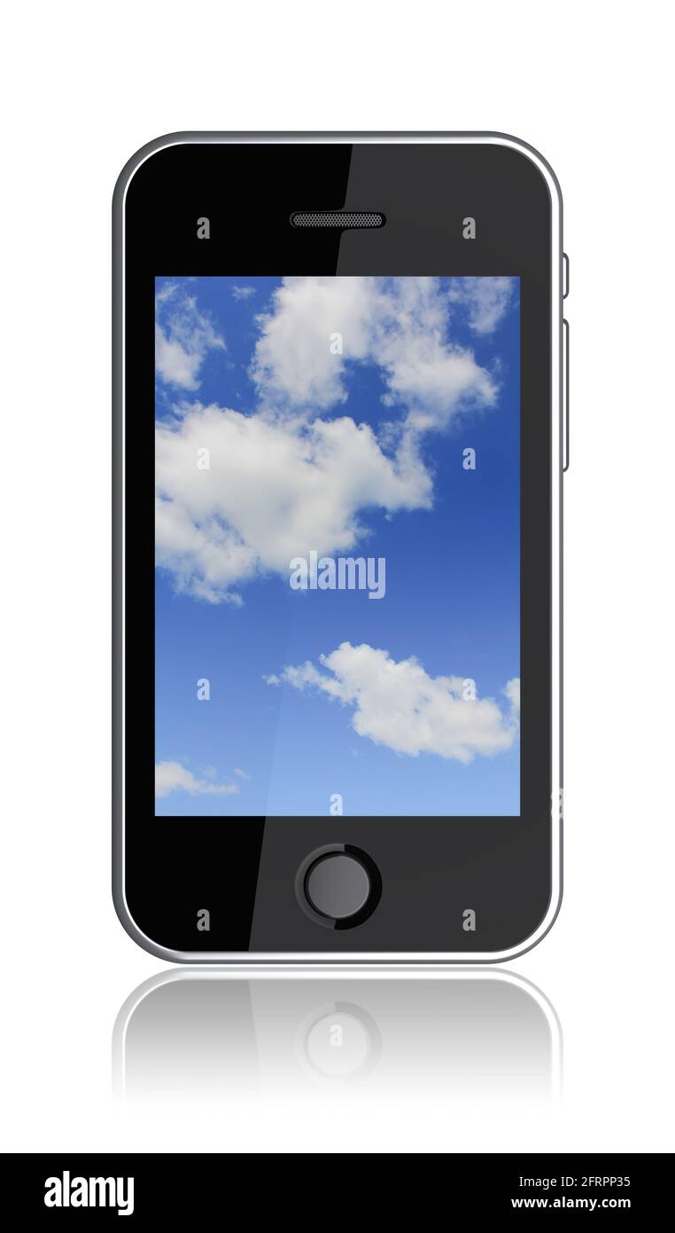 Handy mit bewölktem Himmel auf dem Bildschirm. 3D Bild Stockfoto