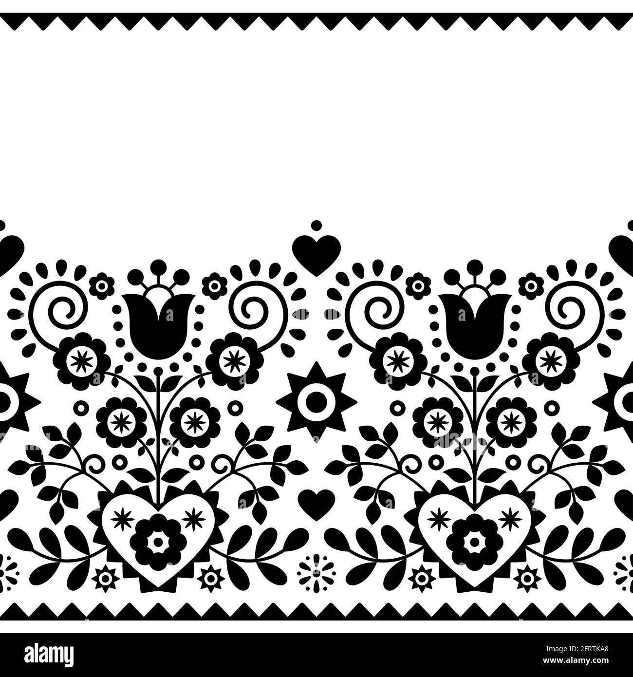 Polnische Volkskunst Vektor nahtlose Textil- oder Stoffdruck Muster Mit schwarz-weißem Blumenmotiv - Lachy Sadeckie Stock Vektor