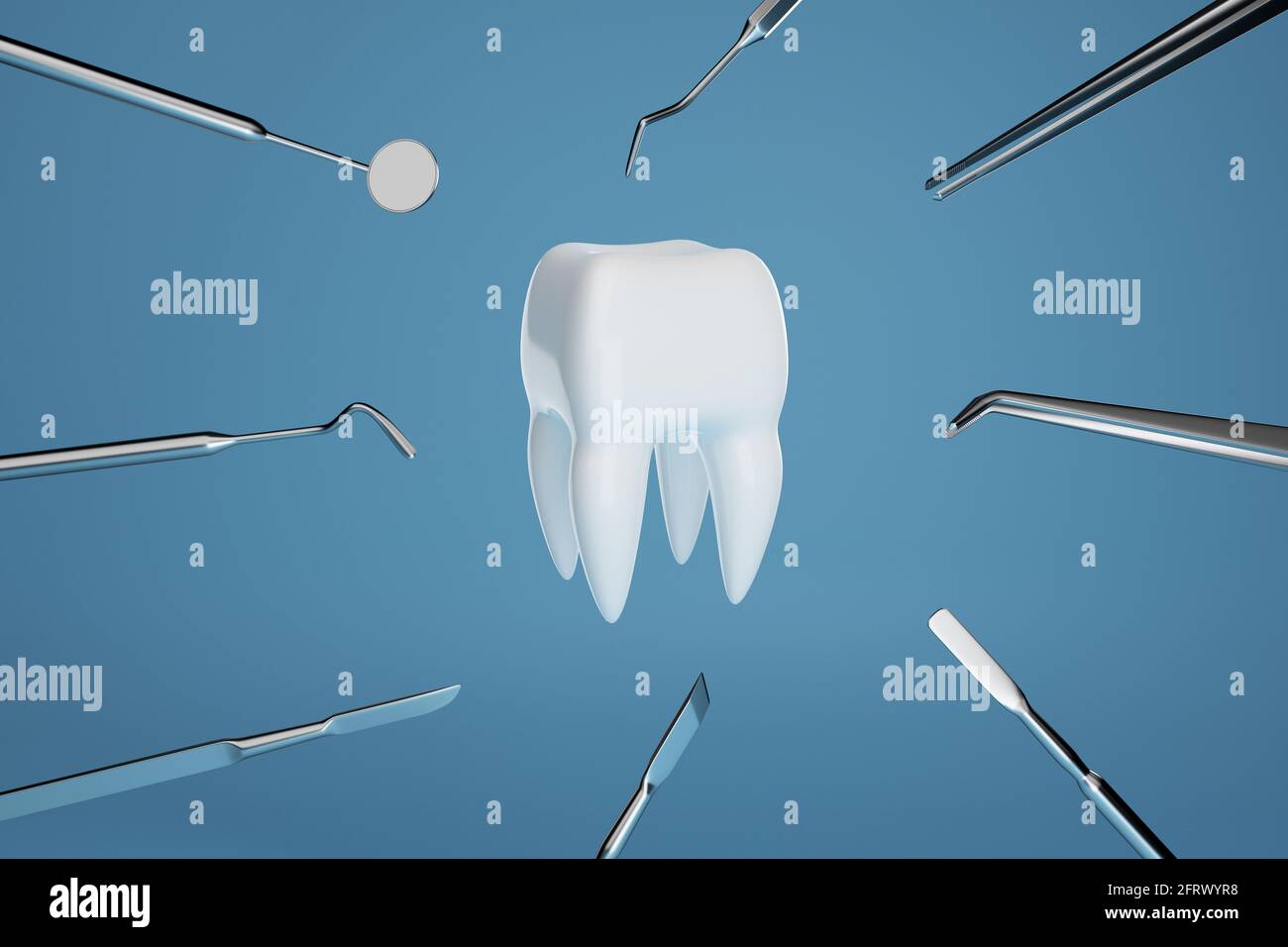 Bild eines Zahnes auf blauem Hintergrund mit den Werkzeugen eines Zahnarztes. 3D-Rendering. Stockfoto