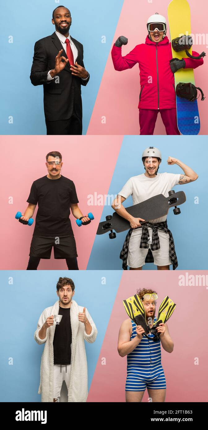 Collage von jungen Männern verschiedene Berufe isoliert auf bunten Hintergrund Stockfoto