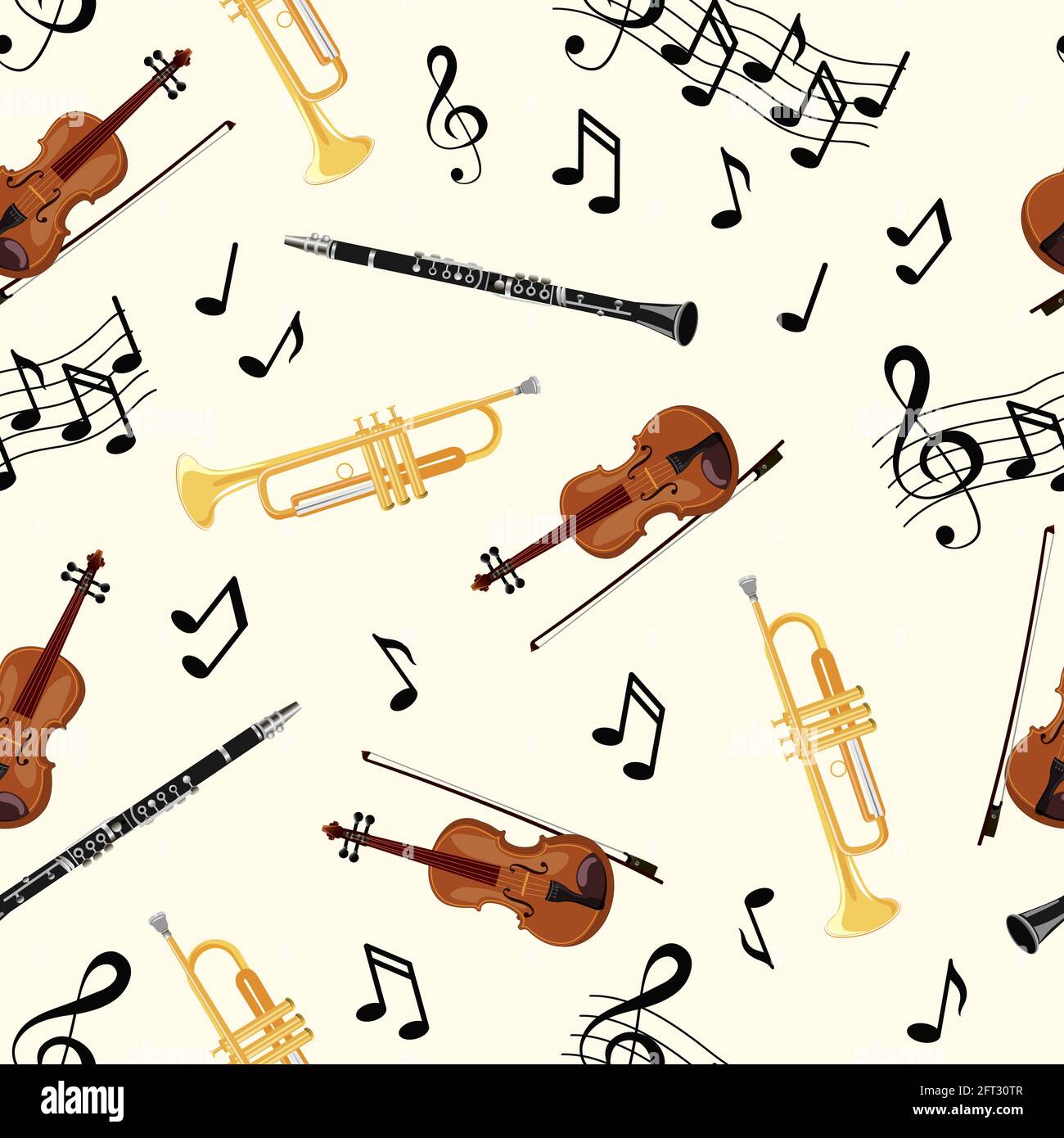 Nahtloses Muster mit Geigen, Pfeife, Oboe und Noten auf weißem Hintergrund. Vektorgrafik Stock Vektor