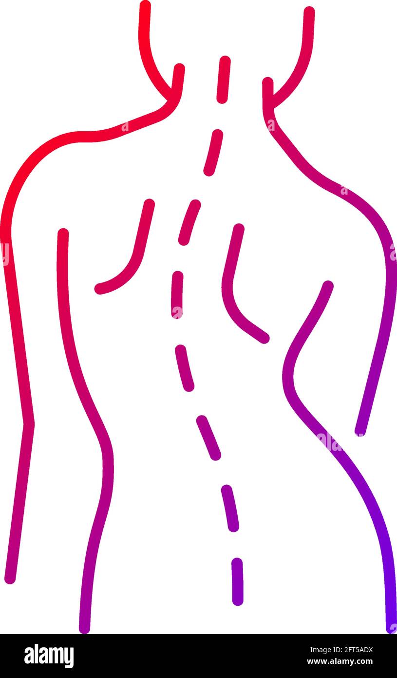 Symbol für linearen Vektor des Skoliose-Gradienten. Seitliche Kurve. Unebene Hüften und Schultern. Eingeklemmt Nerven. Rückenschmerzen, Steifheit. Farbsymbole mit dünnen Linien. Modder Stock Vektor