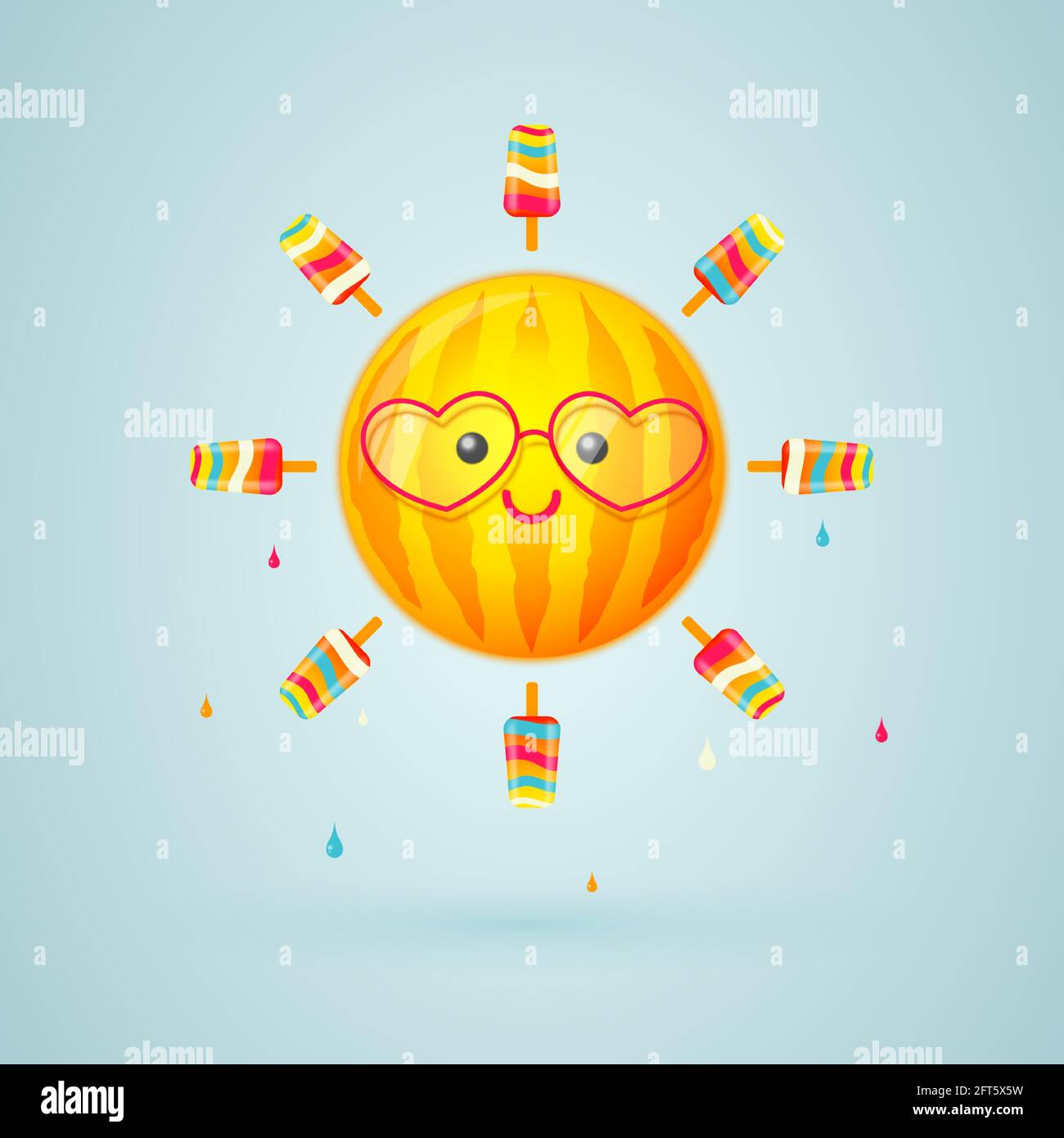 Fröhlicher Sonnencharakter mit Wassermelonenstreifen und Eiscremestrahlen. Vektorgrafik. Stock Vektor